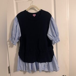 NWOT- Navy and blue pinstripe mixed media top-Size XL